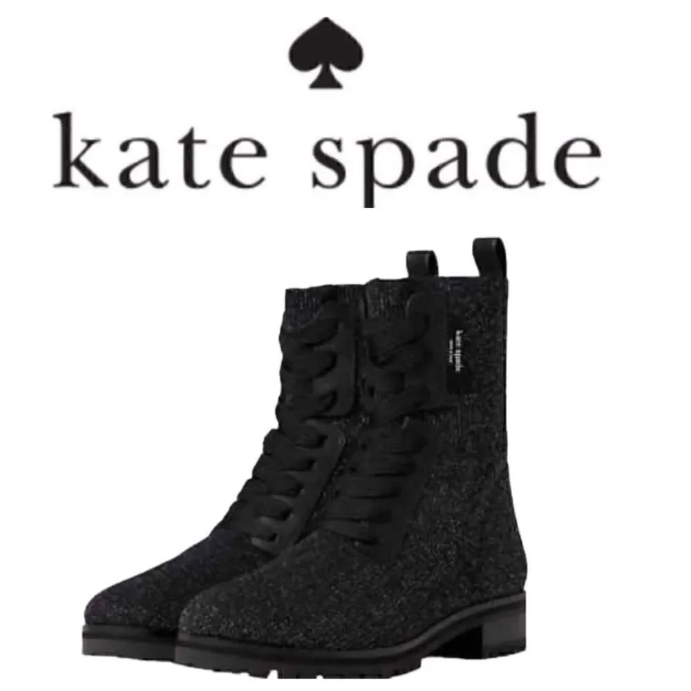 Kate Spade Merigue Knit Combat Boots Black Silver Sparkle Size 7.5